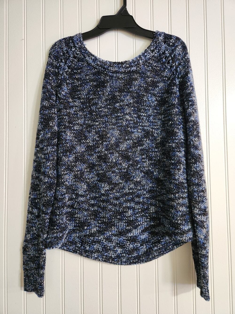 GREYLIN Blue Black Heather Round Neck Long Sleeve Knit Sweater XS Keyhole Back